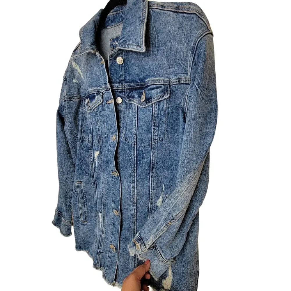 Maurices Vintage Girlfriend Distressed Long Denim Jacket Women Sz S - Picture 7 of 8